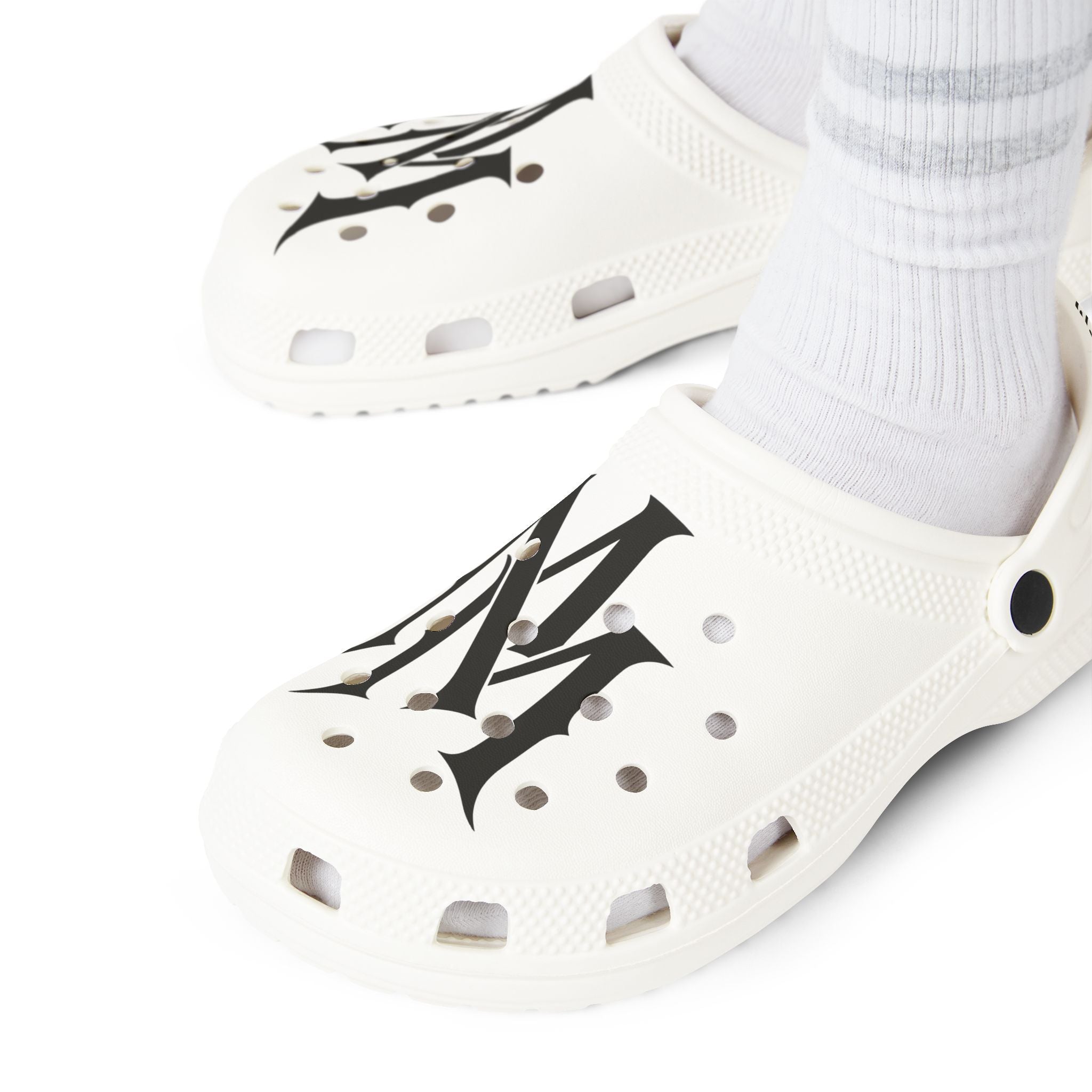 Graphic EVA Foam Clogs — White ‘MM’ Logo Slip-On Shoes