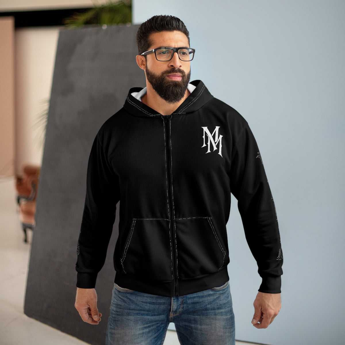 Midnight Mafia Zip Hoodie — Black Graphic Zip-Up Hoodie with Mafia Hat & Pistons Design