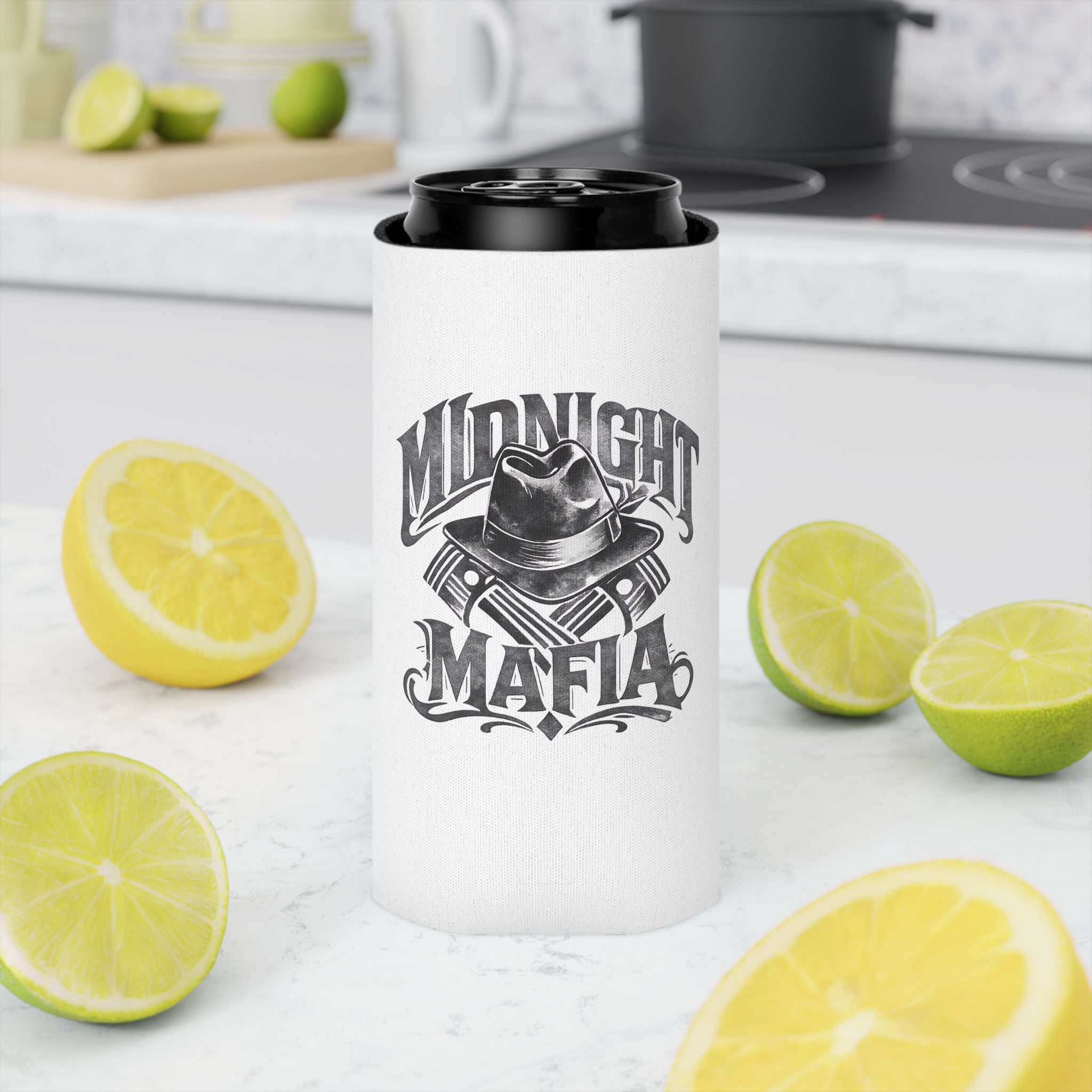 Midnight Mafia Can Cooler - Vintage Mafia Hat Logo Beer Koozie
