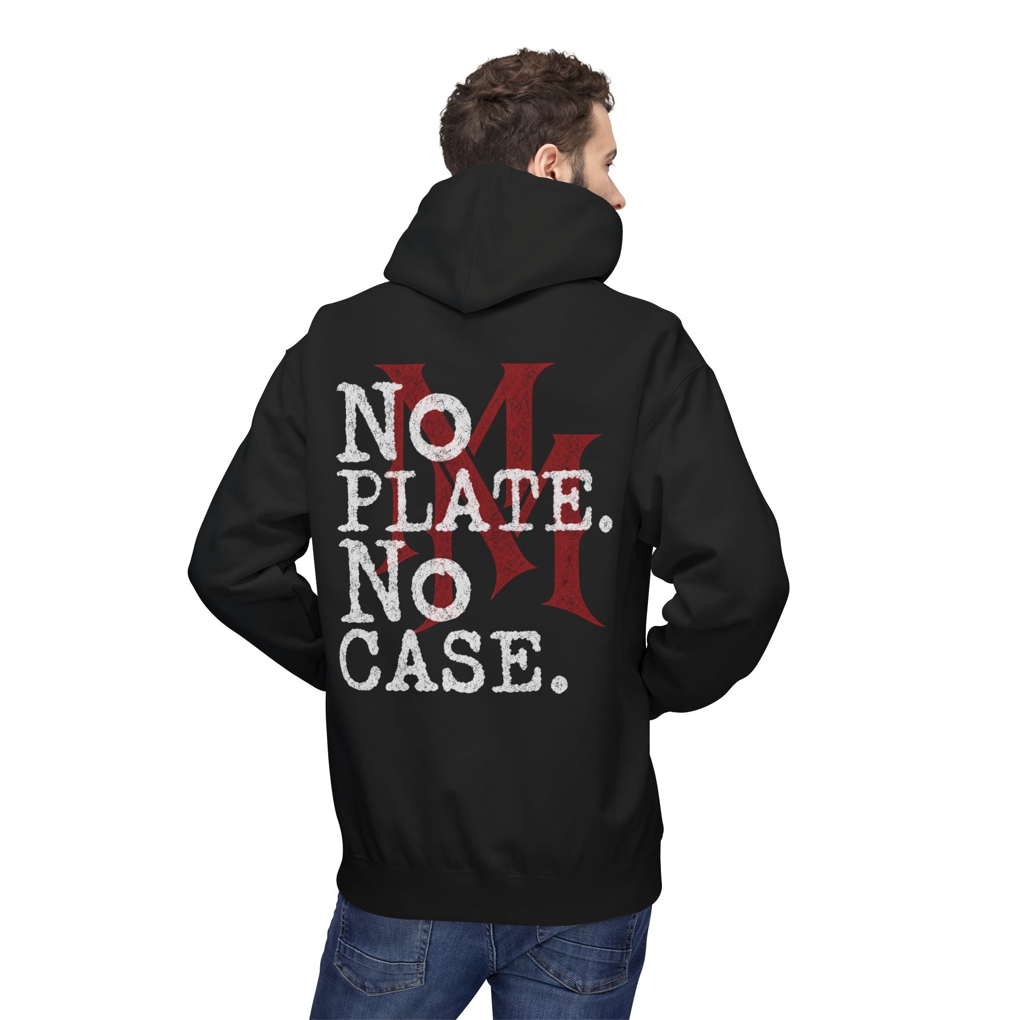 No Plate No Case Hoodie – Bold Distressed Logo Pullover