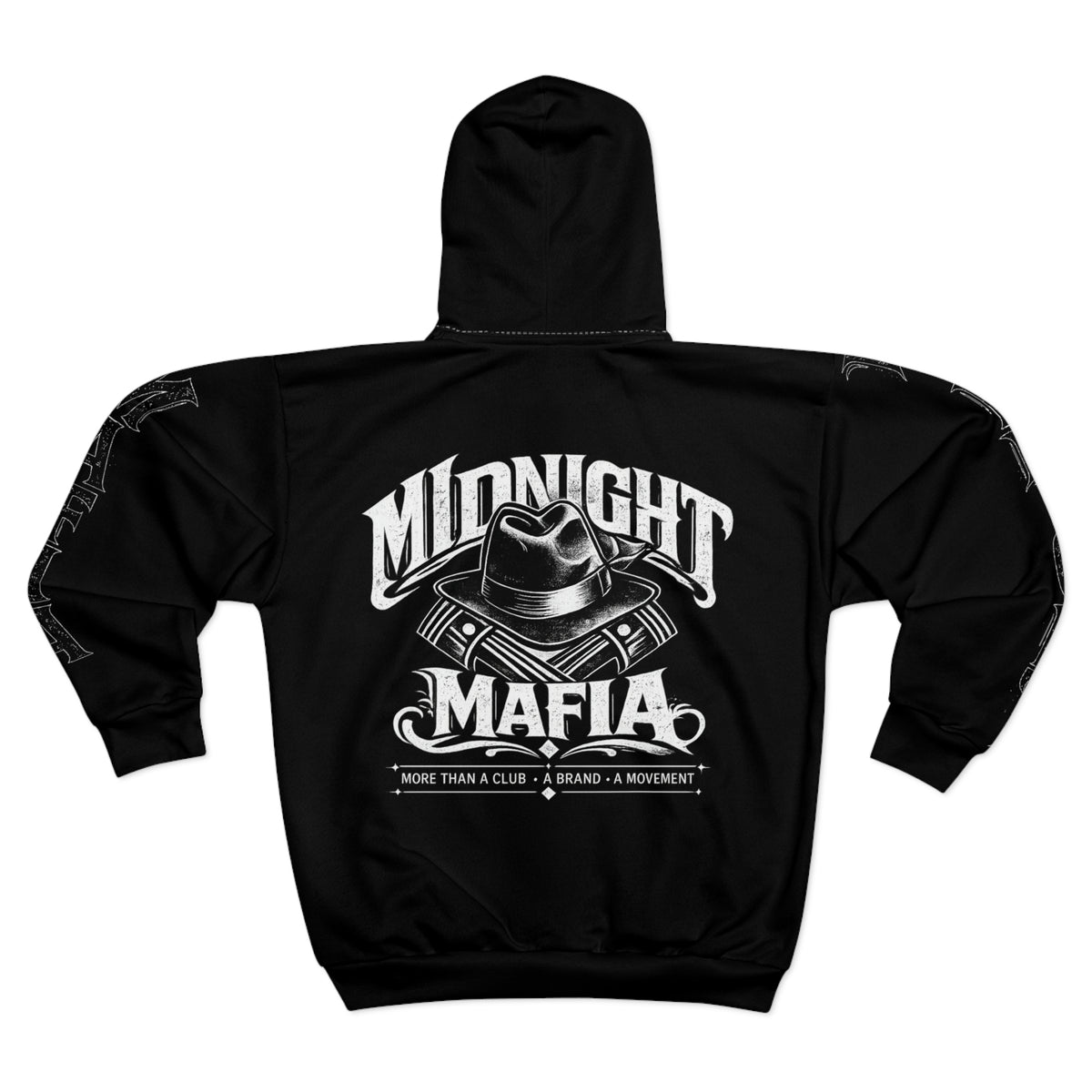 Midnight Mafia Zip Hoodie — Black Graphic Zip-Up Hoodie with Mafia Hat & Pistons Design